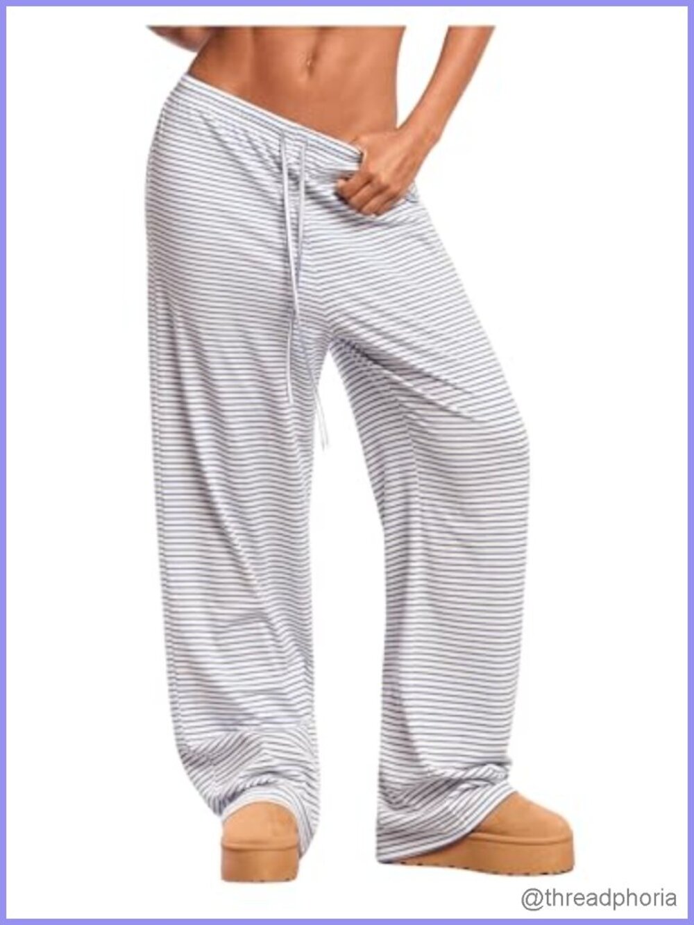 Women's Striped Wide Leg Drawstring Waist Lounge Pants - High Rise Baggy